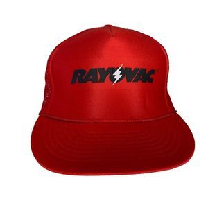 Vintage RAYOVAC Hat Red Snap Back Trucker Cap Batteries Nissin 1990s Black Mesh